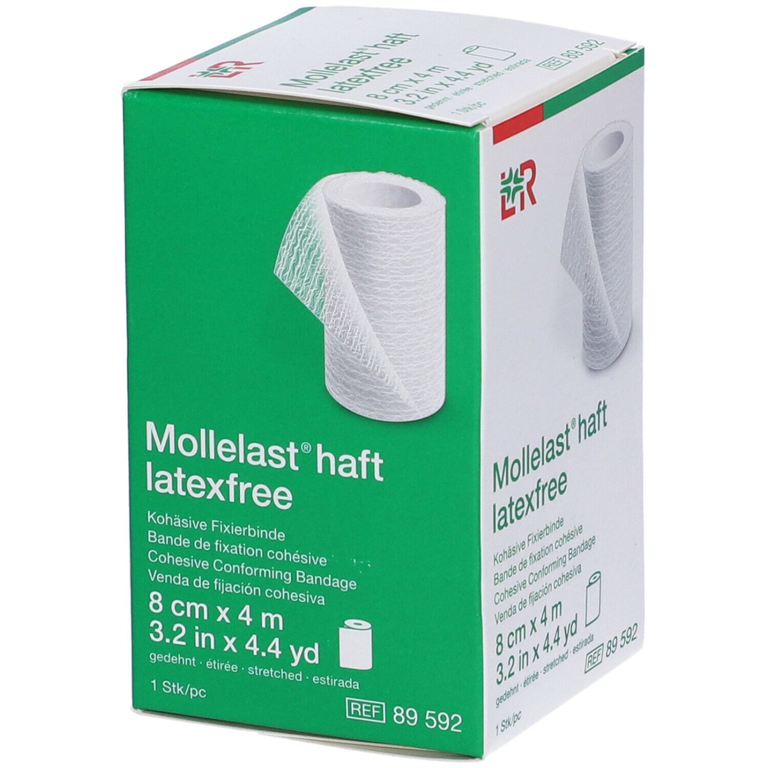 Scatola verde LR Mollelast® haft latexfree. Rotolo 8 cm x 4 m. Benda coesiva di fissaggio. Senza lattice. Logo e informazioni prodotto.