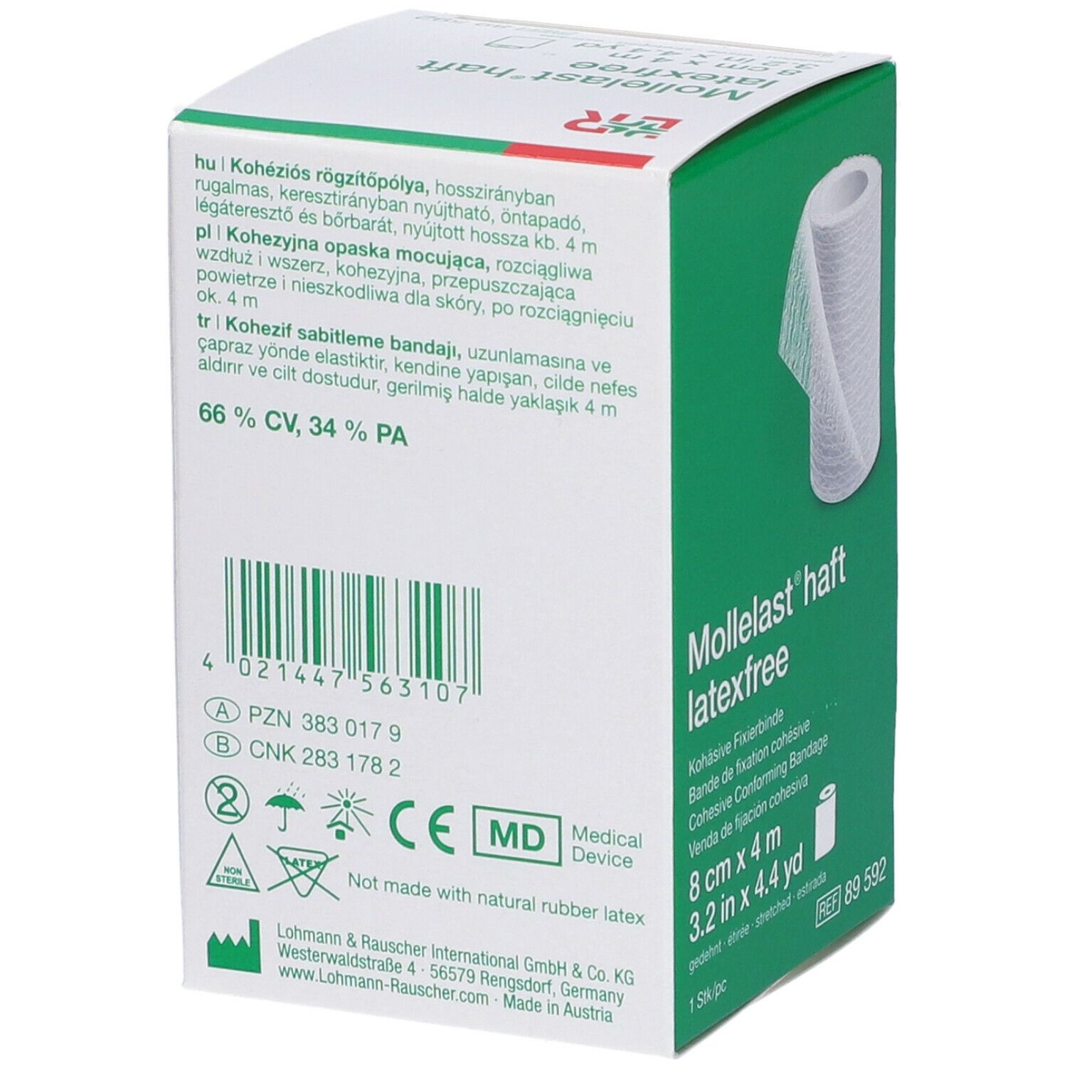Retro della scatola verde LR Mollelast® haft latexfree. Informazioni prodotto, marchio CE, produttore e codice a barre.
