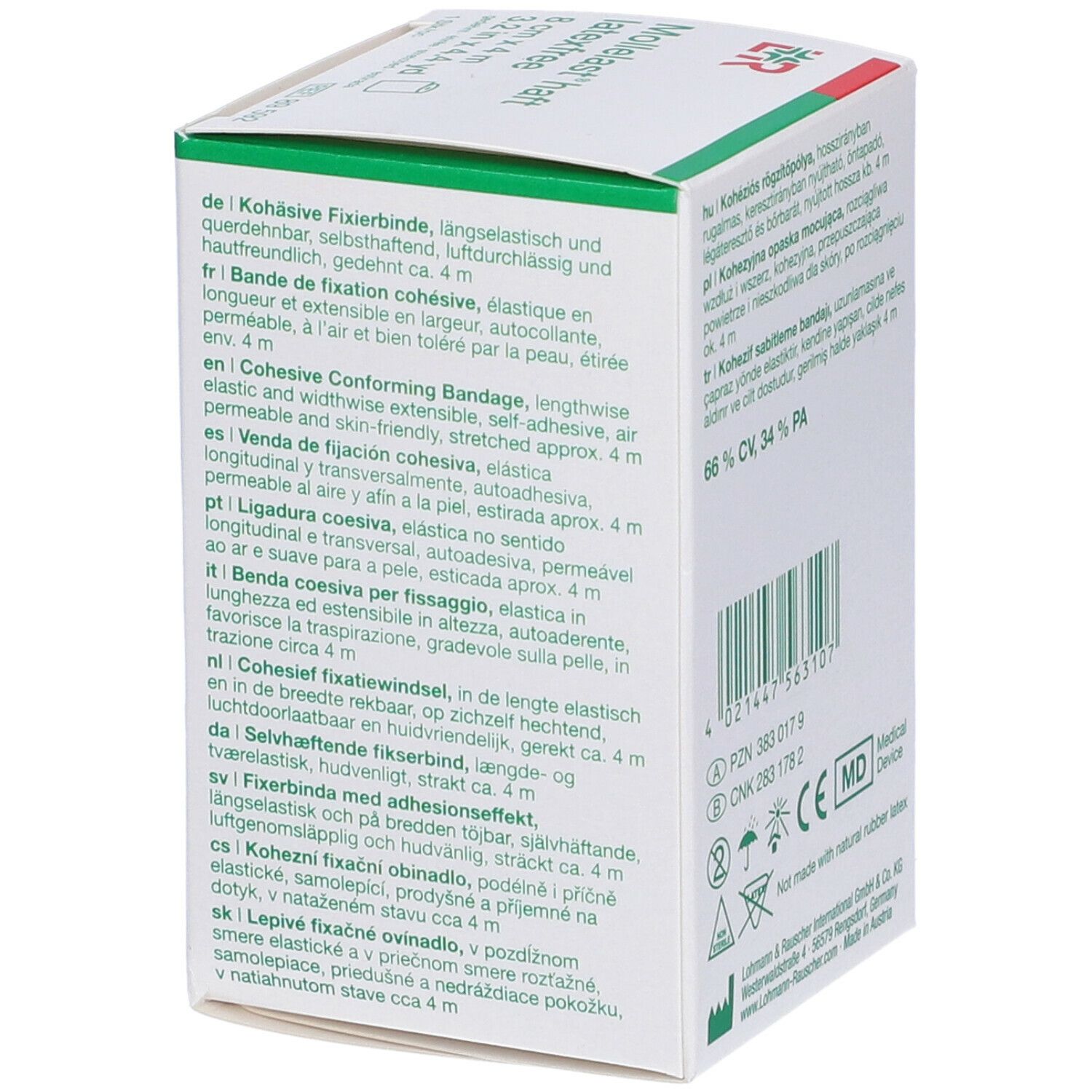 Scatola LR Mollelast® haft latexfree. Informazioni prodotto multilingue. Marchio CE. Informazioni produttore.