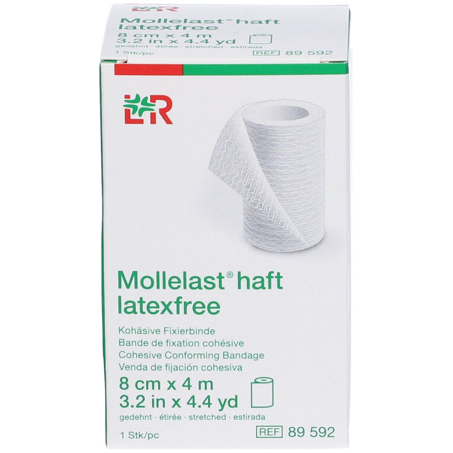 Scatola bianca LR Mollelast® haft latexfree. Rotolo 8 cm x 4 m. Benda coesiva di fissaggio. Senza lattice. Logo e informazioni prodotto.