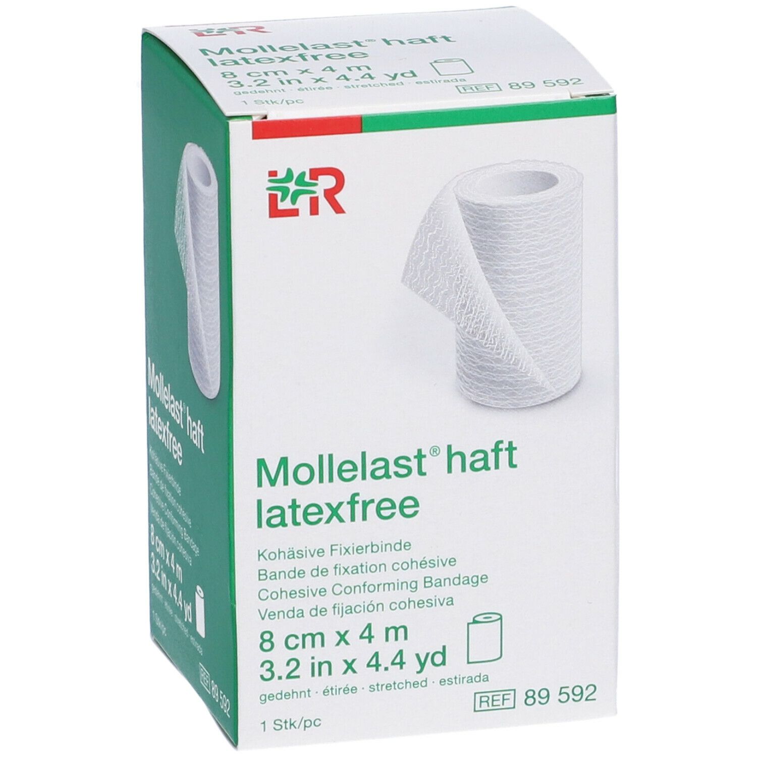 Scatola verde LR Mollelast® haft latexfree. Rotolo 8 cm x 4 m. Benda coesiva di fissaggio. Senza lattice. Logo e informazioni prodotto.