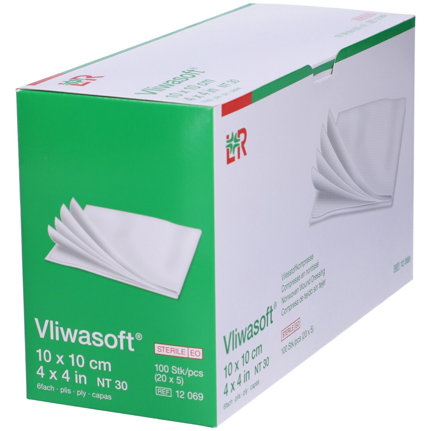 Scatola LR Vliwasoft® 10 x 10 cm, dettagli verdi. Compresse bianche visibili.