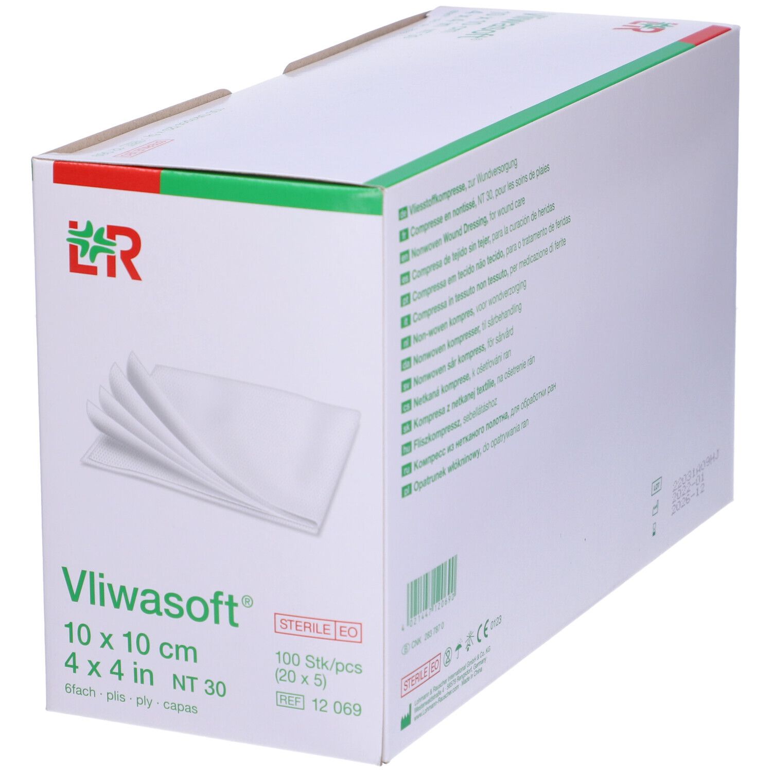 Scatola LR Vliwasoft® 10 x 10 cm. Compresse bianche visibili. Dettagli verdi e rossi.
