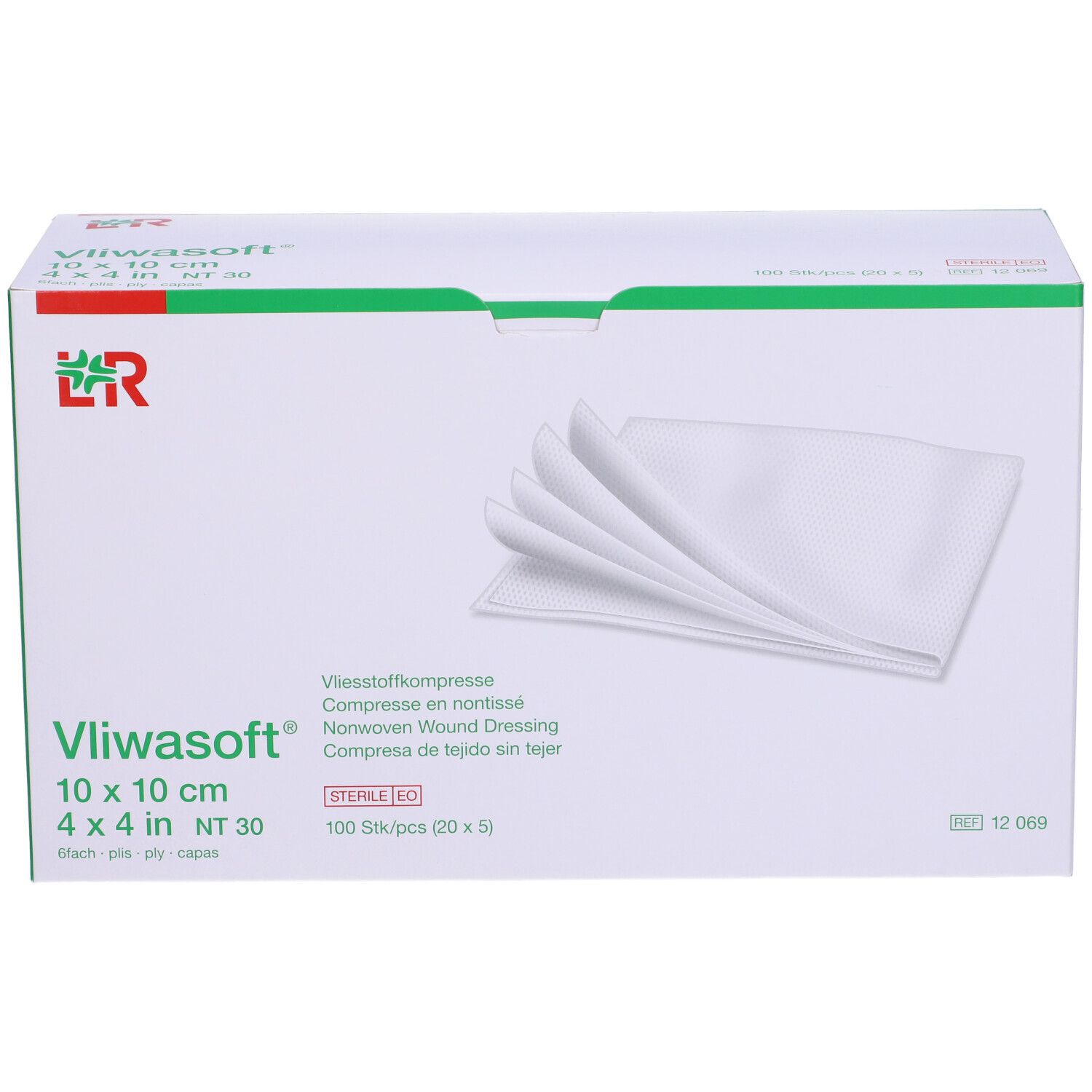 Scatola LR Vliwasoft® 10 x 10 cm. Compresse bianche visibili. Confezione.