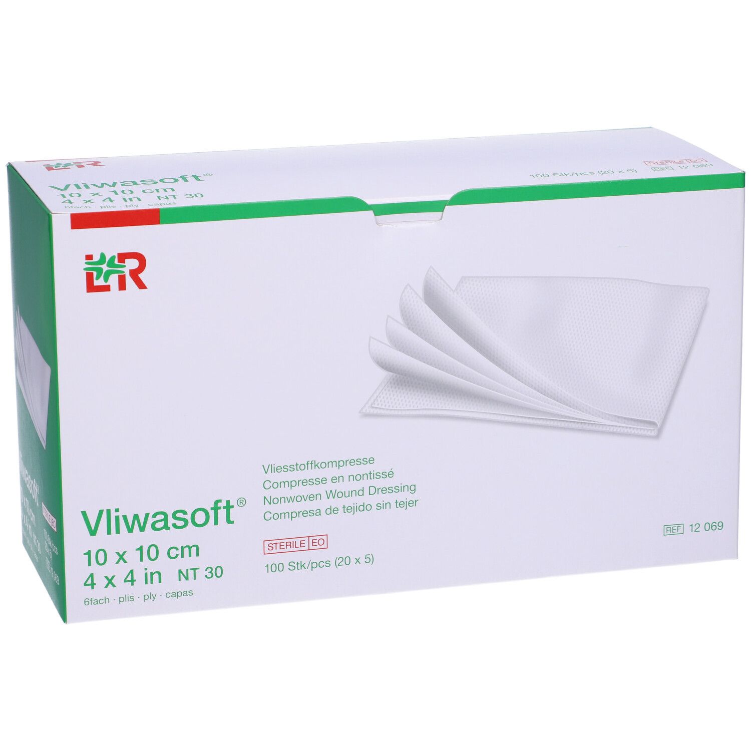 Scatola LR Vliwasoft® 10 x 10 cm. Compresse bianche visibili. Confezione.