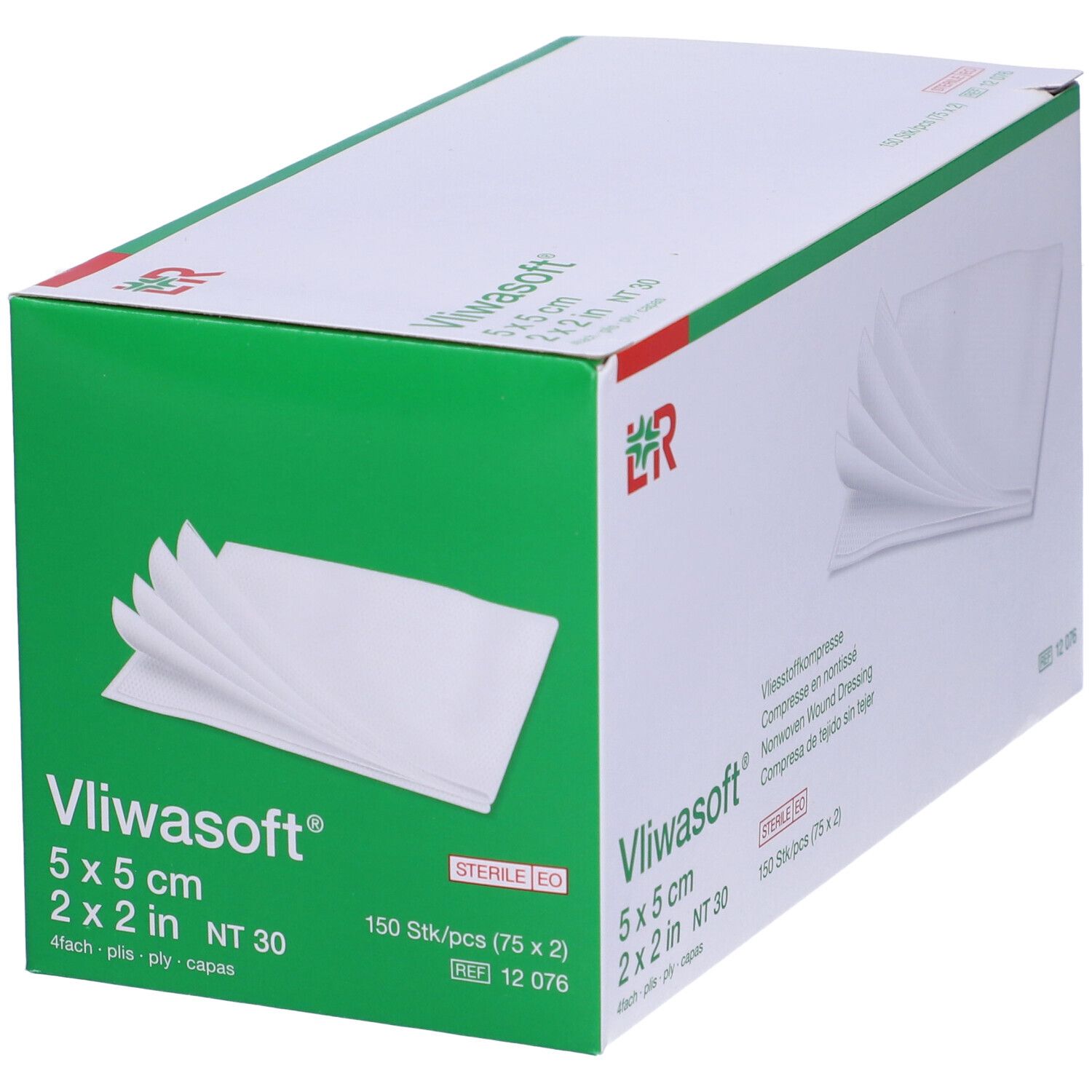 Confezione di compresse Vliwasoft 5x5 cm. Compresse bianche sulla confezione. Sterile EO.