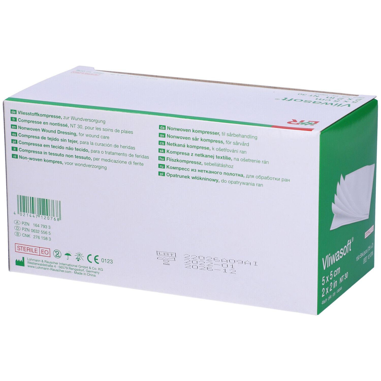 Retro della confezione Vliwasoft 5x5 cm. Informazioni multilingue sul prodotto. Marchio Sterile EO.