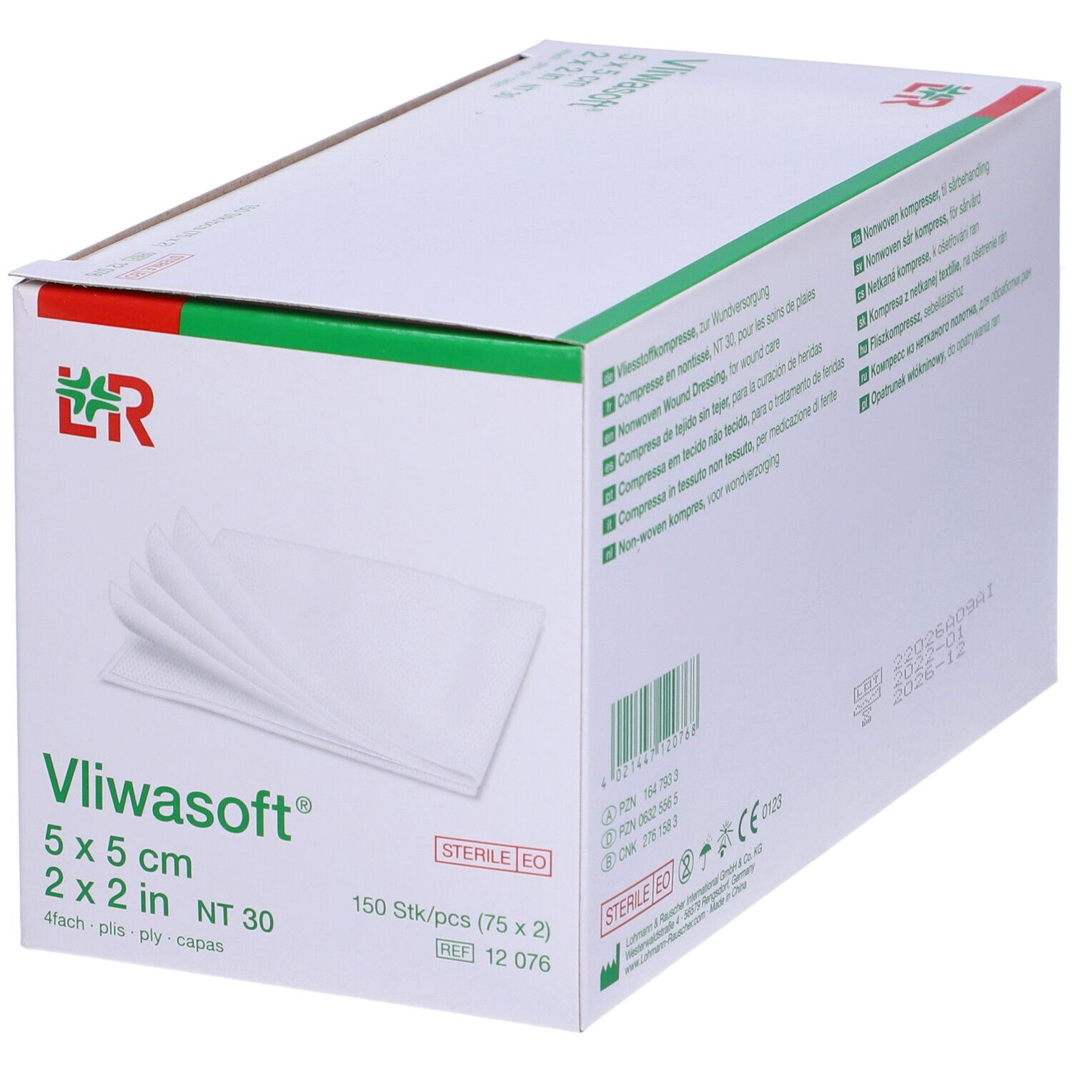 Confezione di compresse Vliwasoft 5x5 cm. Compresse bianche sulla confezione. Sterile EO.