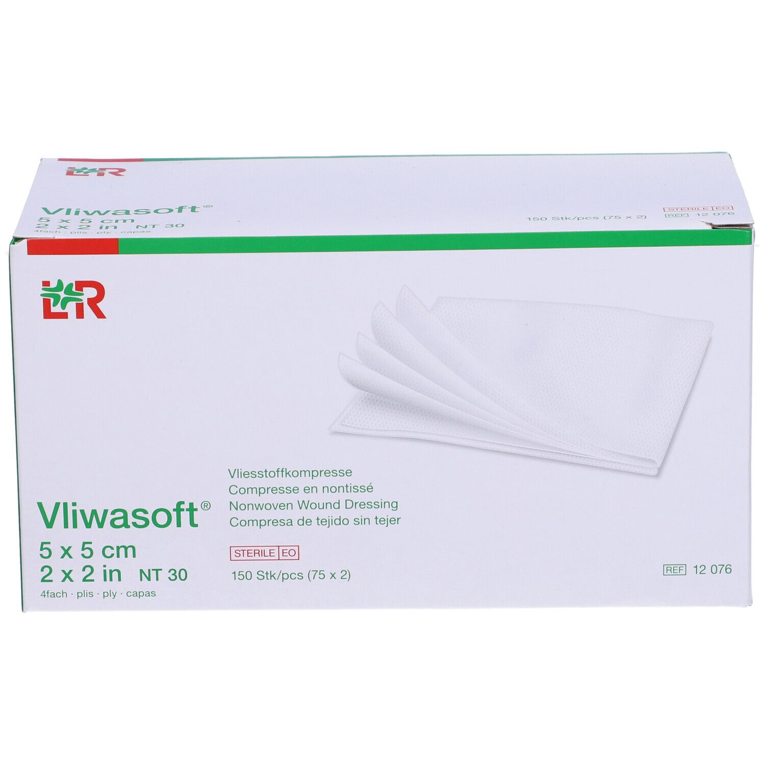 Confezione di compresse Vliwasoft 5x5 cm. Compresse bianche sulla confezione. Sterile EO.