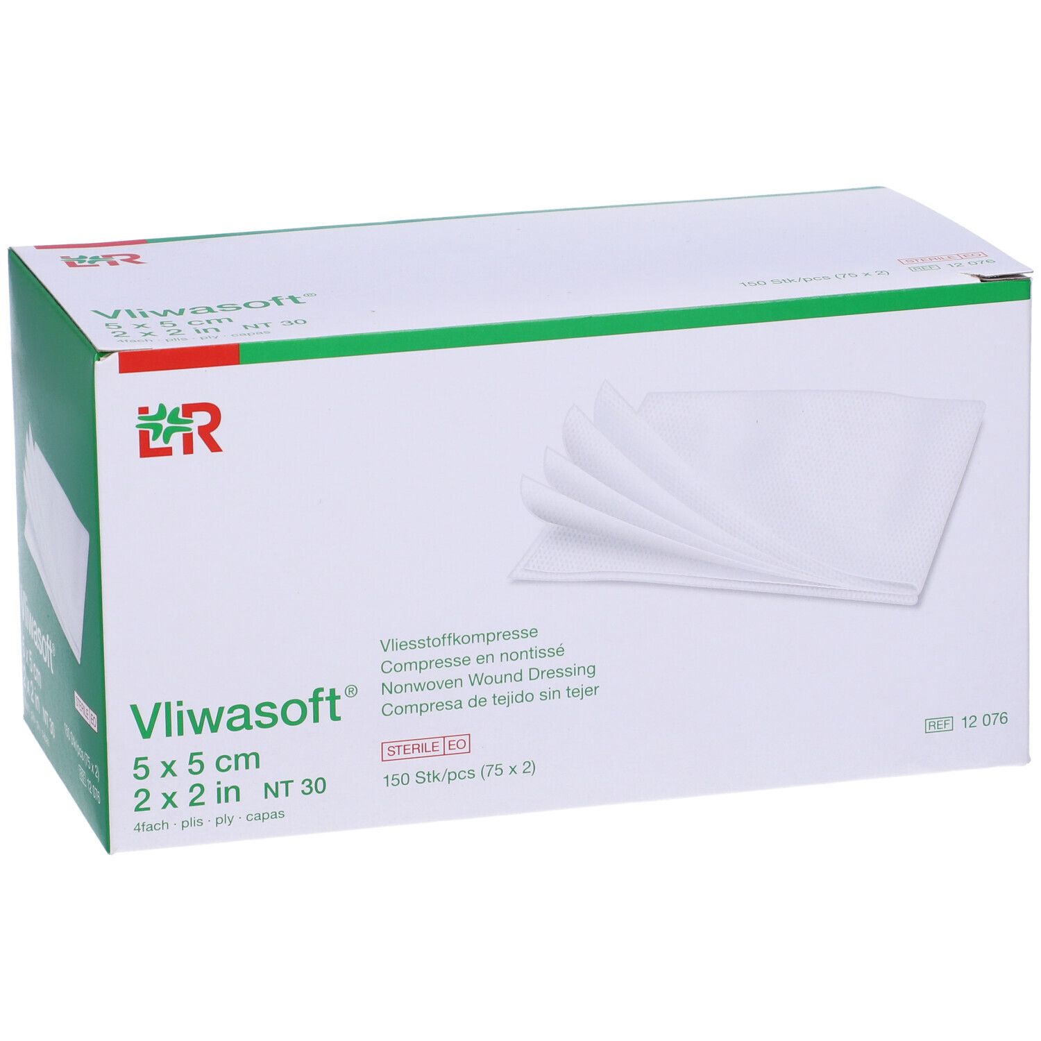 Confezione di compresse Vliwasoft 5x5 cm. Compresse bianche sulla confezione. Sterile EO.