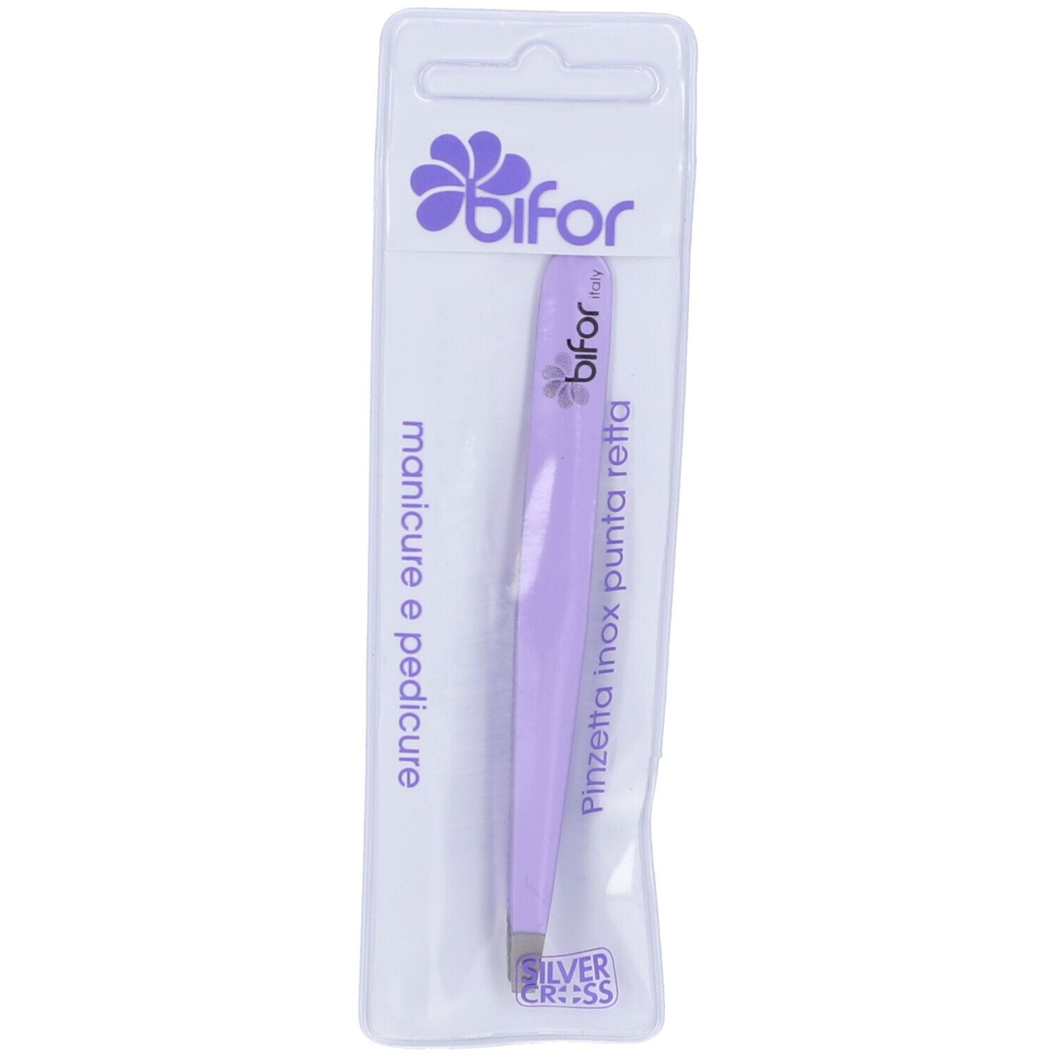 Pinzetta lilla in confezione trasparente. Marchio Bifor, scritta 'Pinzetta inox punta retta'. Confezione con foro per appenderla.