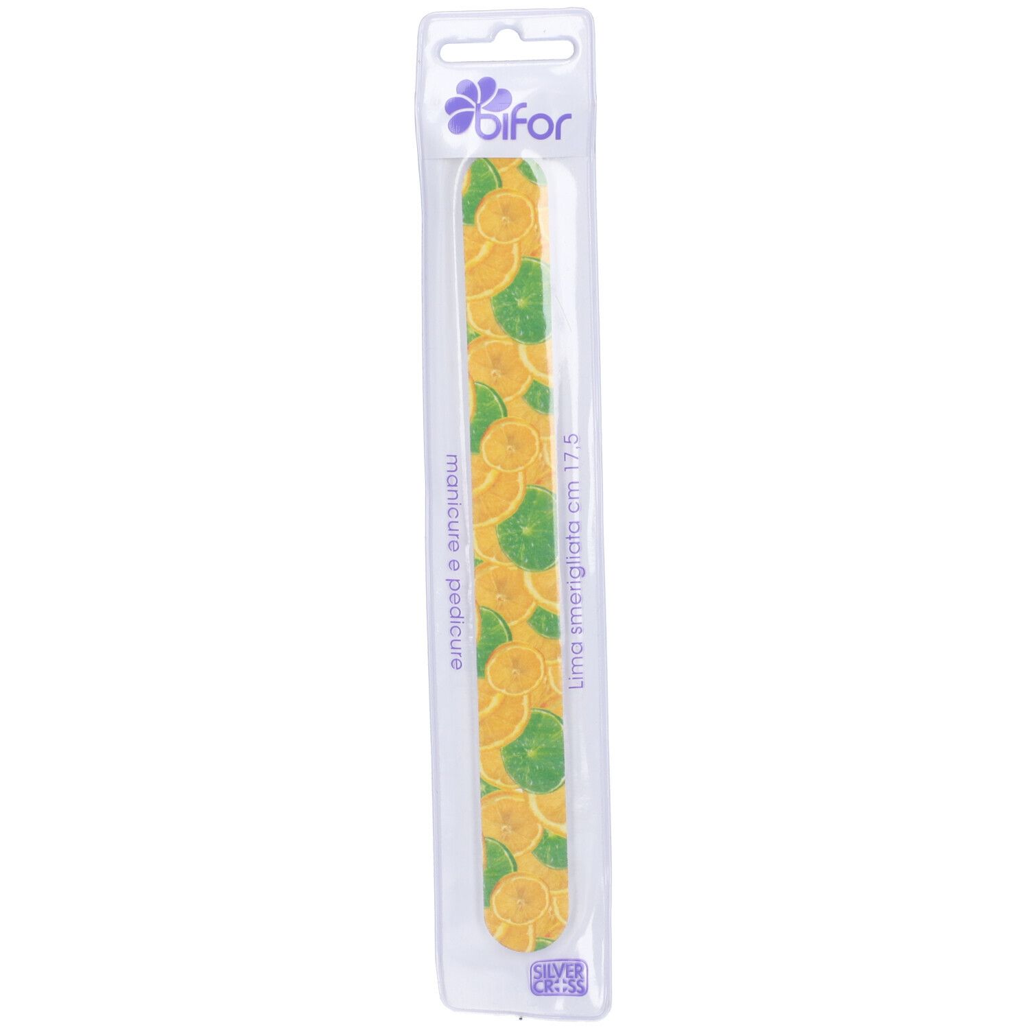 Lima per unghie in confezione trasparente. Motivo limoni. Marchio: Bifor. Scritta: Lima smerigliata cm 17,5.