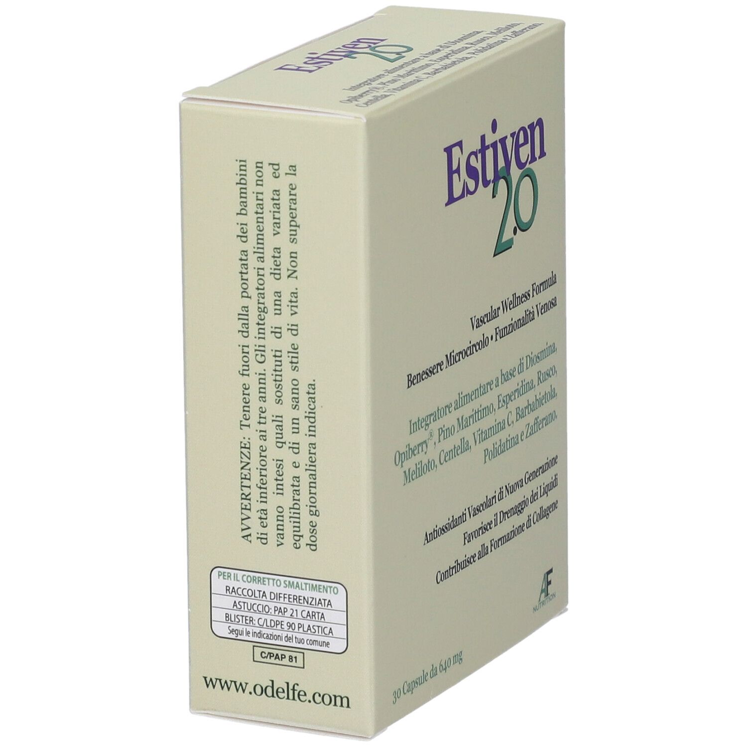 Confezione Estiven 2.0, vista laterale con avvertenze.