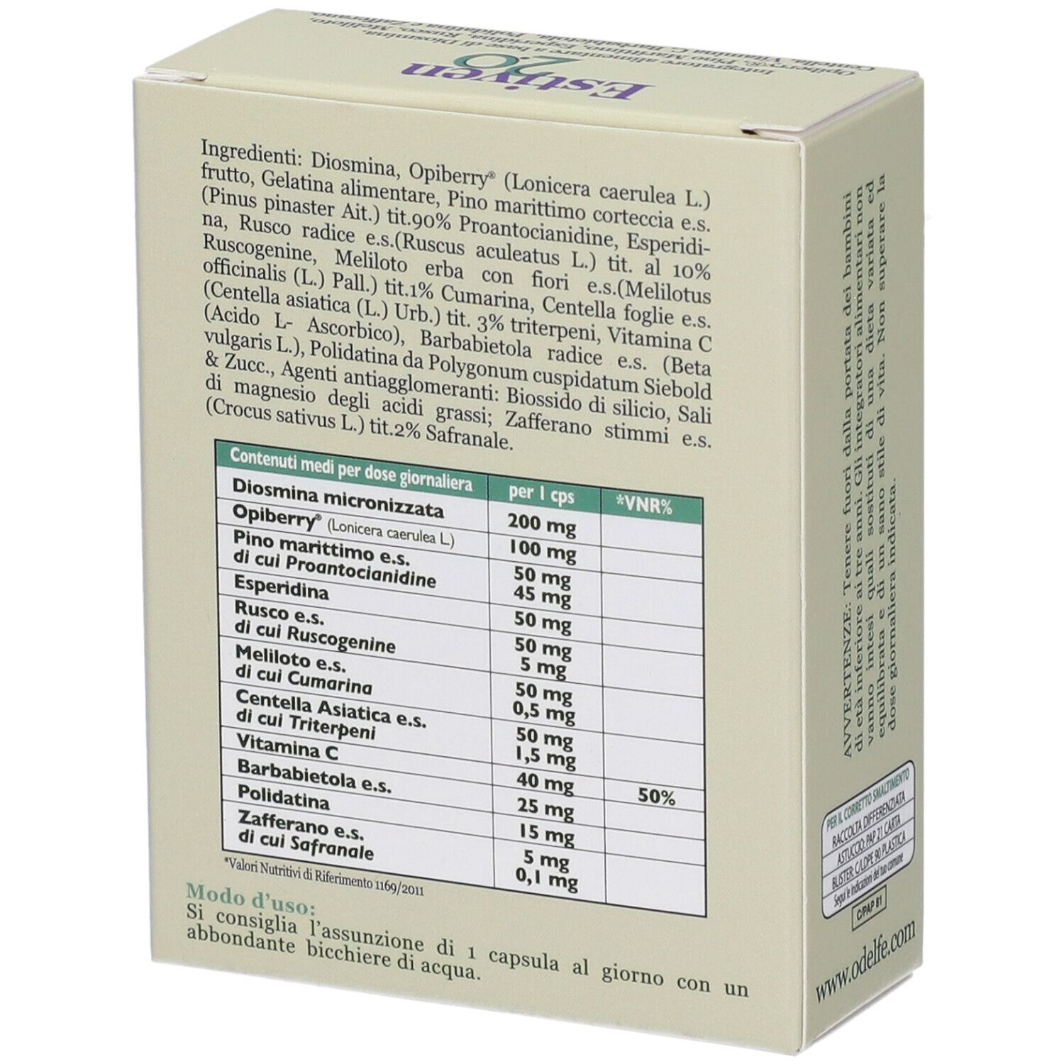 Confezione Estiven 2.0, retro con ingredienti e valori nutrizionali.