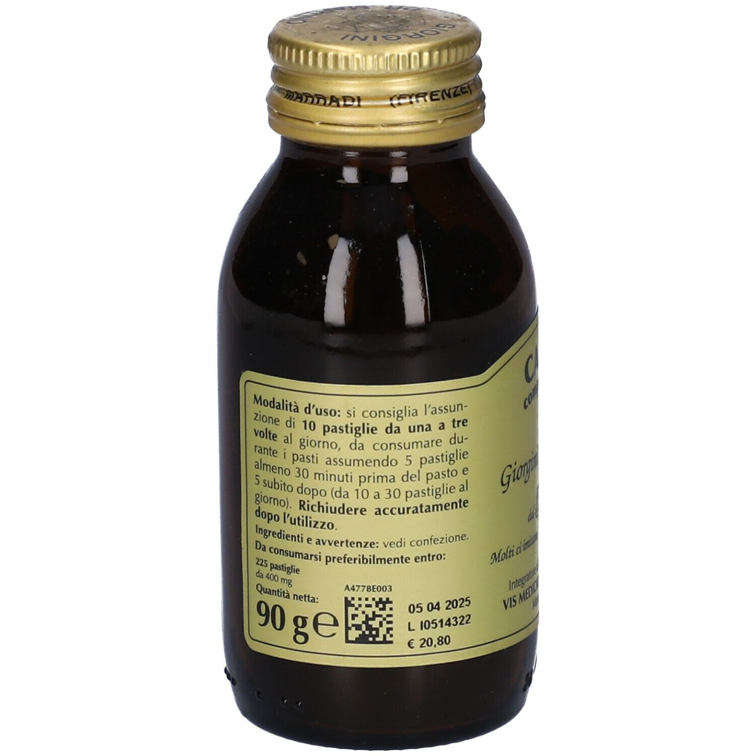 Flacone di vetro marrone con tappo dorato. Retro con testo, codice QR e data di scadenza.