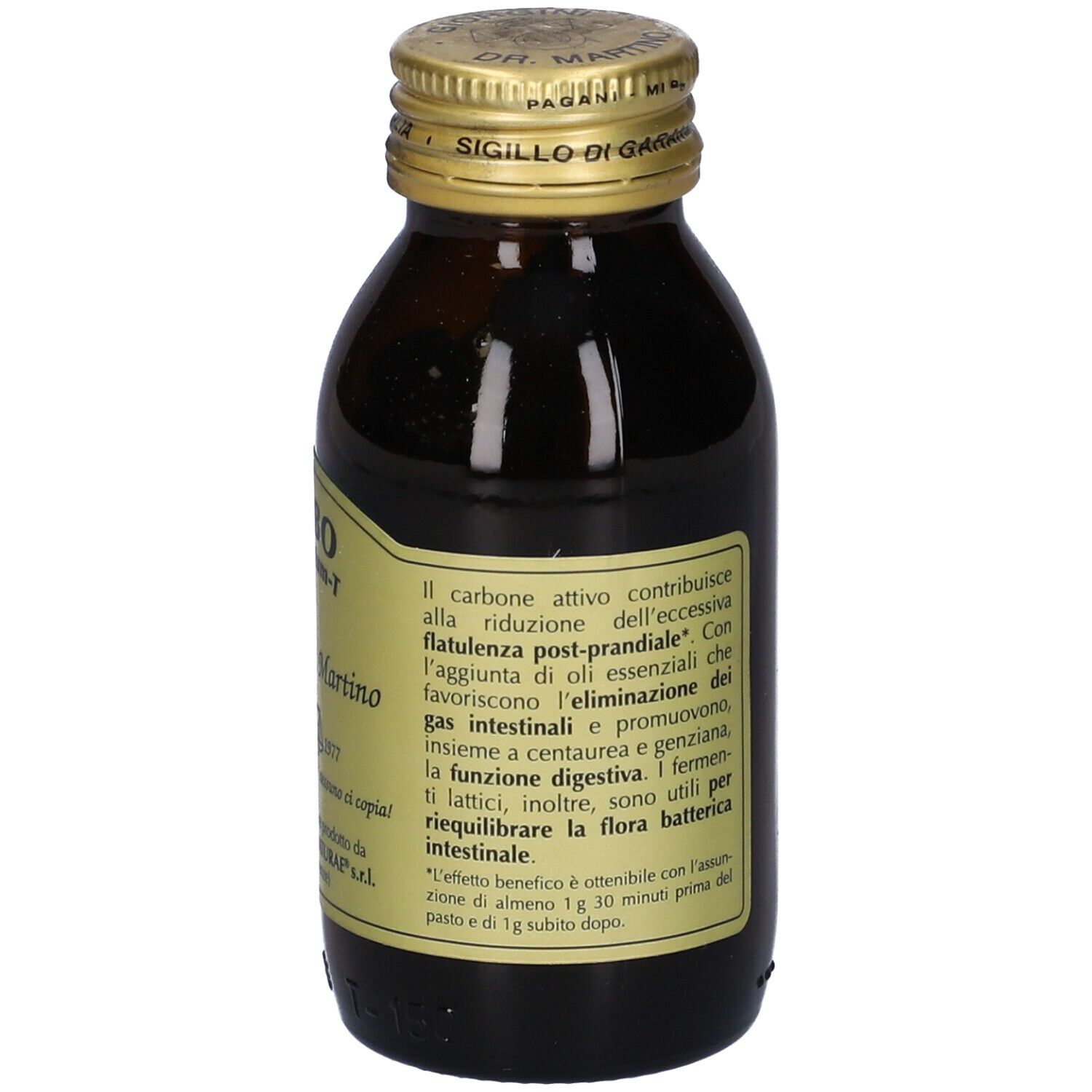 Flacone di vetro marrone con tappo dorato. Lato con testo sugli ingredienti e gli effetti.