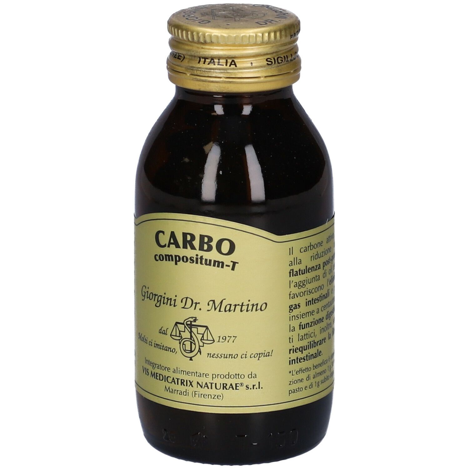 Flacone di vetro marrone con tappo dorato. Etichetta con nome del prodotto e informazioni del produttore.