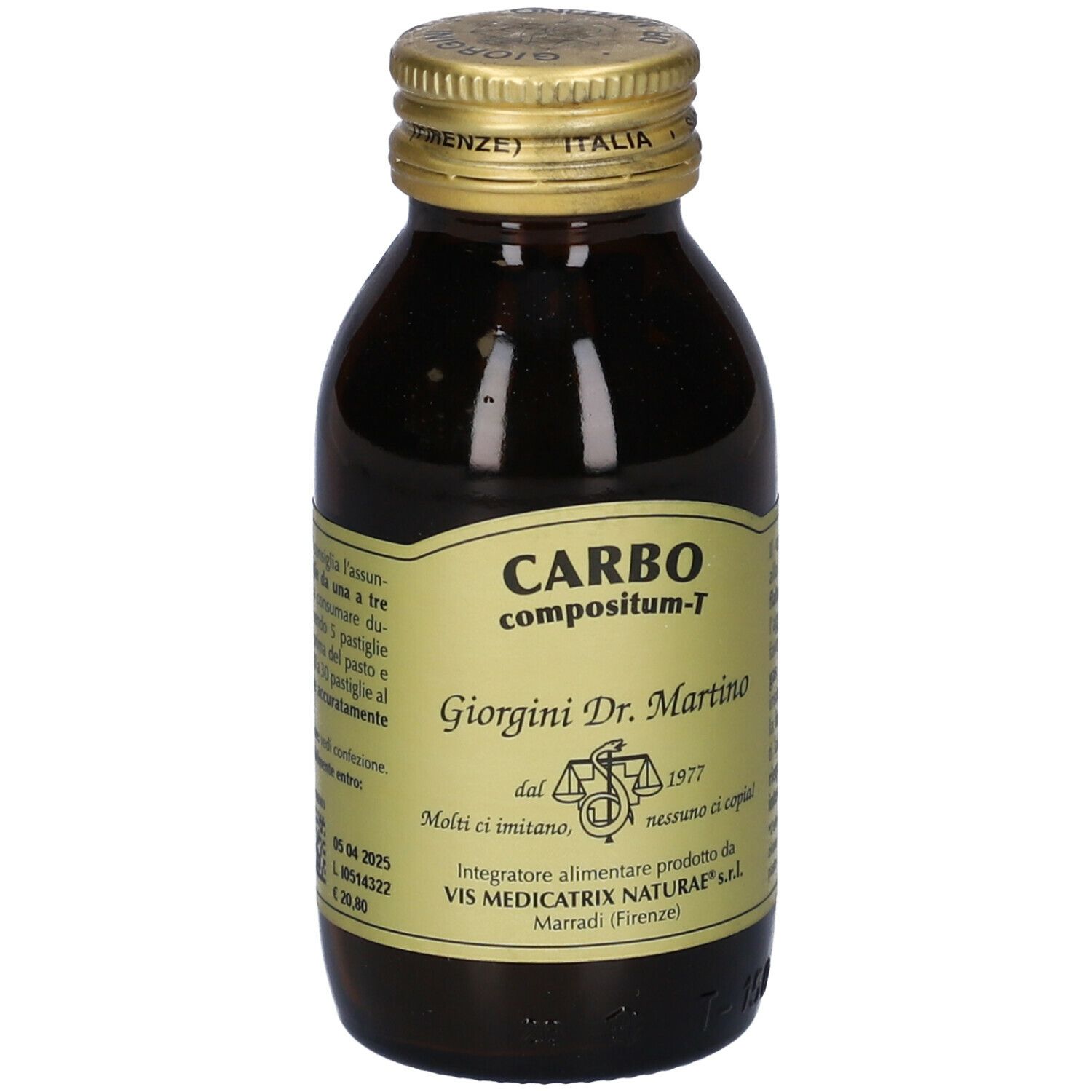 Flacone di vetro marrone con tappo dorato. Etichetta con nome del prodotto e informazioni del produttore.