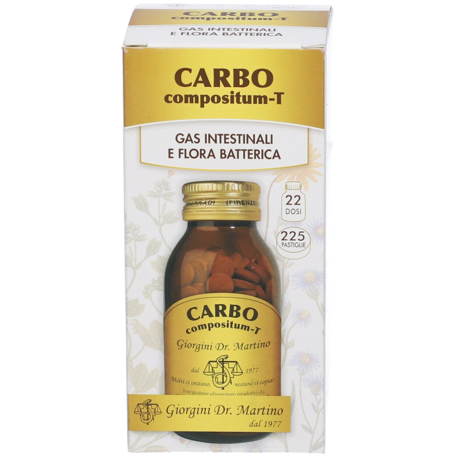 Flacone e confezione del prodotto. Scatola bianca con nome del prodotto e immagine del flacone.