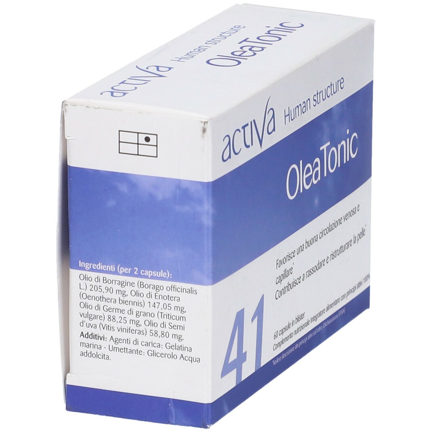 Scatola bianca, testo blu. OleaTonic, Activa, Human Structure. Elenco ingredienti. 60 capsule.
