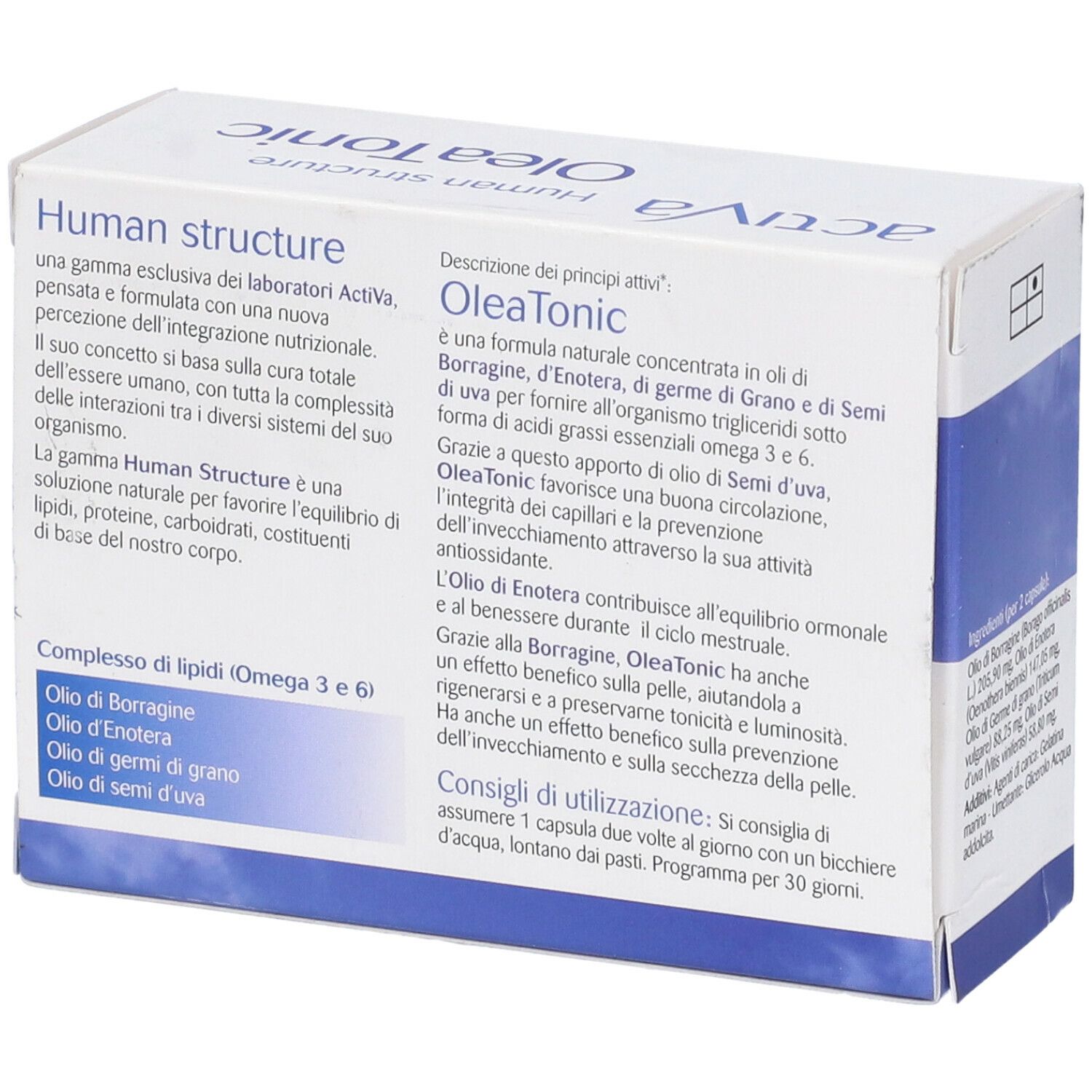 Scatola bianca con testo blu. OleaTonic, Activa, Human Structure. Testo sugli ingredienti. 60 capsule.