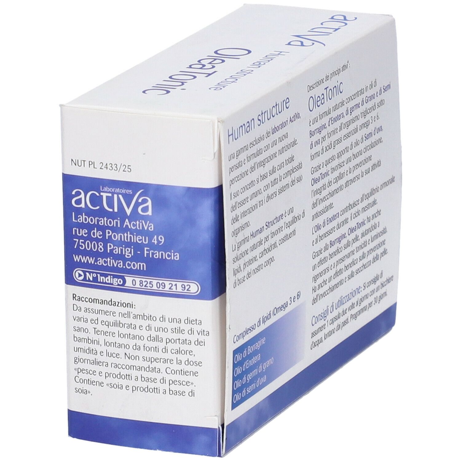 Scatola bianca con testo blu. OleaTonic, Activa, Human Structure. Indirizzo e raccomandazioni. 60 capsule.
