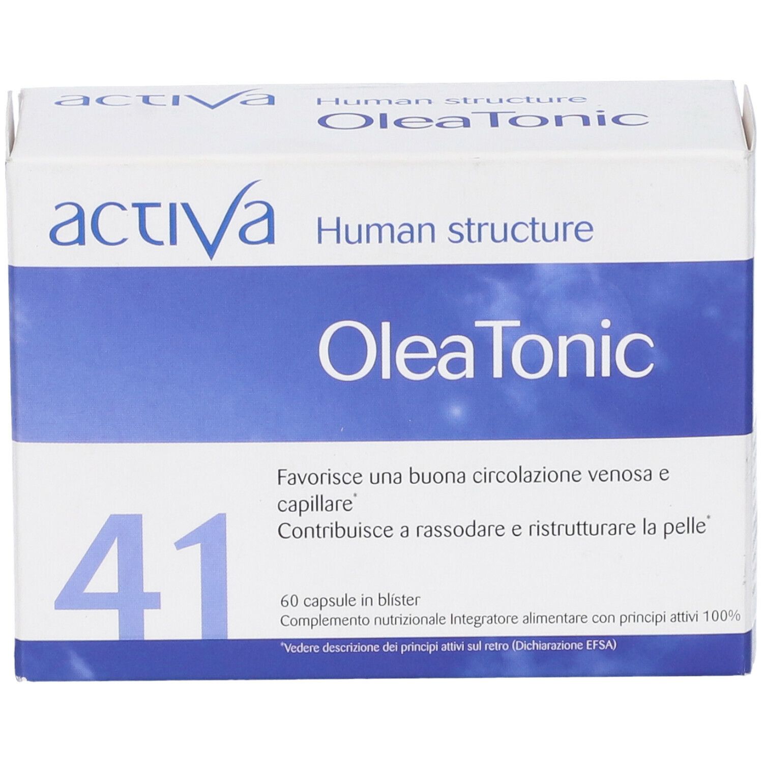 Scatola bianca con testo blu. OleaTonic, Activa, Human Structure. 60 capsule. Numero 41.