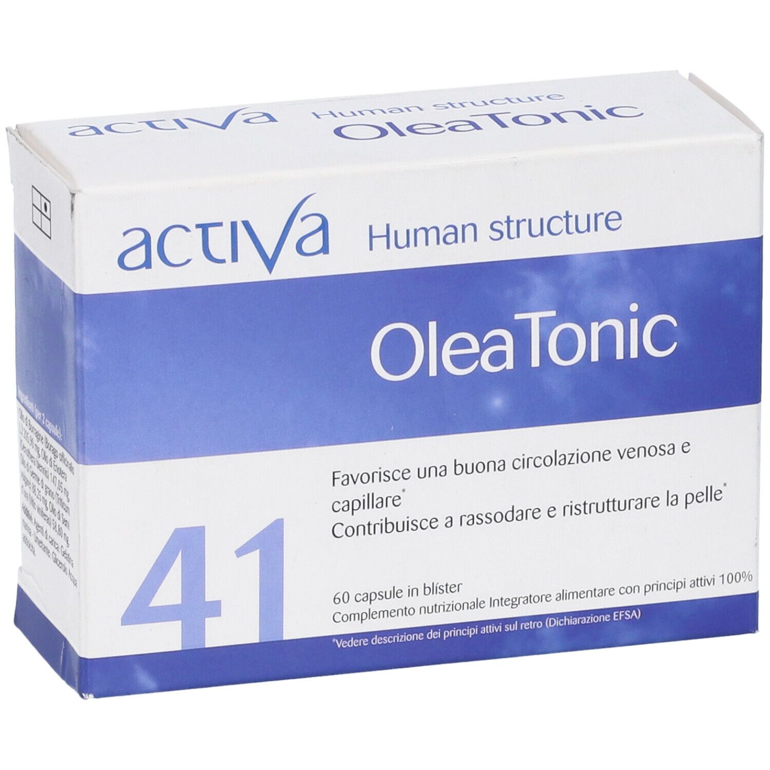 Scatola bianca con testo blu. OleaTonic, Activa, Human Structure. 60 capsule. Numero 41.