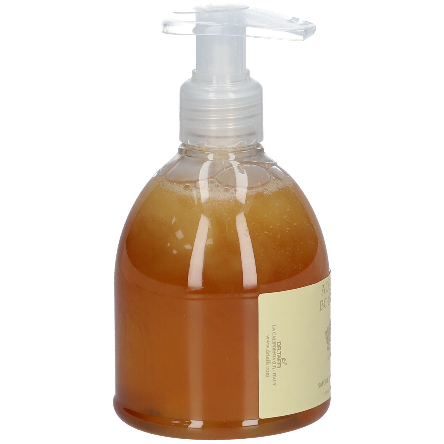 Sapone liquido in flacone trasparente con dosatore. Vista laterale, etichetta visibile.