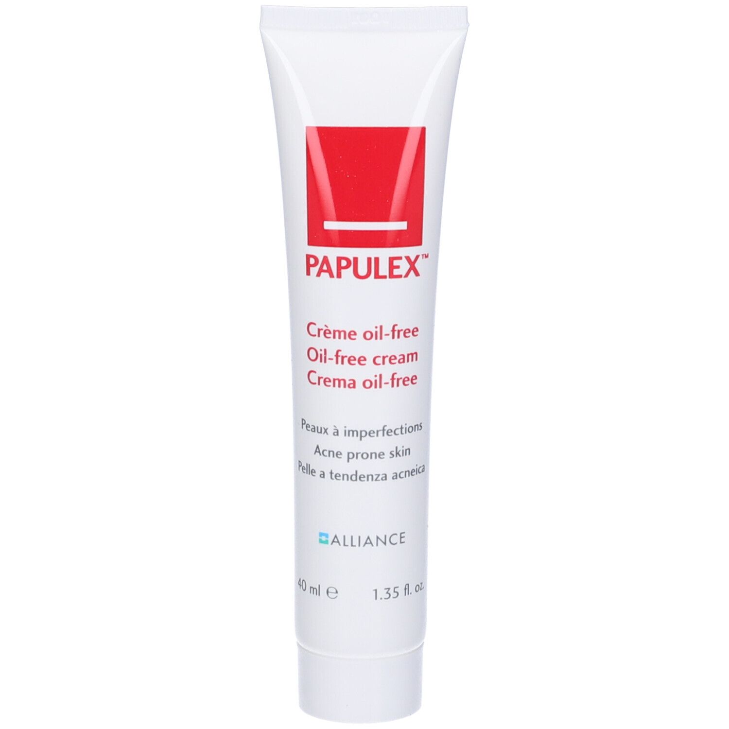 Papulex Crema oil-free, tubo. Blocco rosso con testo bianco. 40 ml, 1.35 fl. oz.