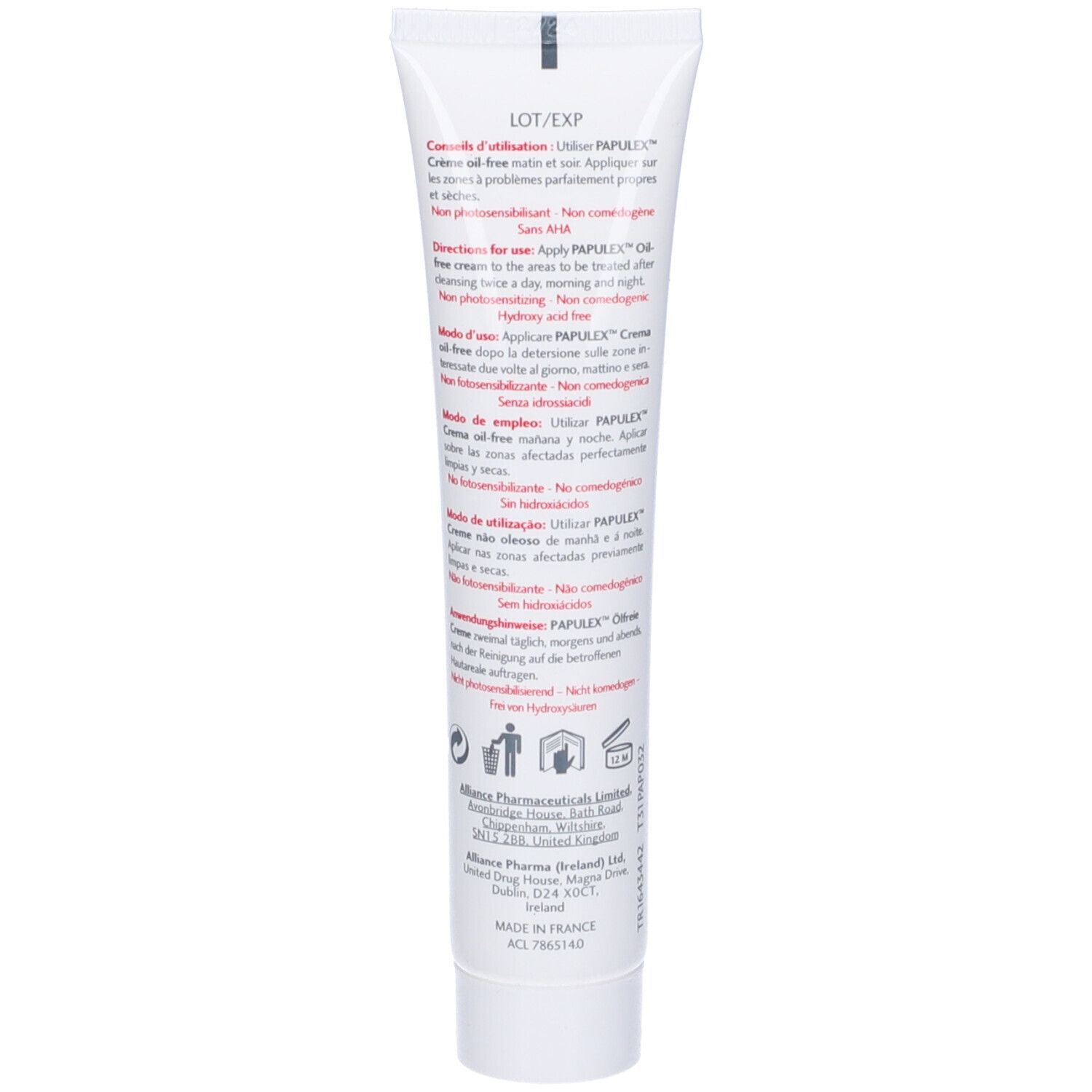 Retro del tubo Papulex Crema oil-free. Testo multilingue. Prodotto in Francia.