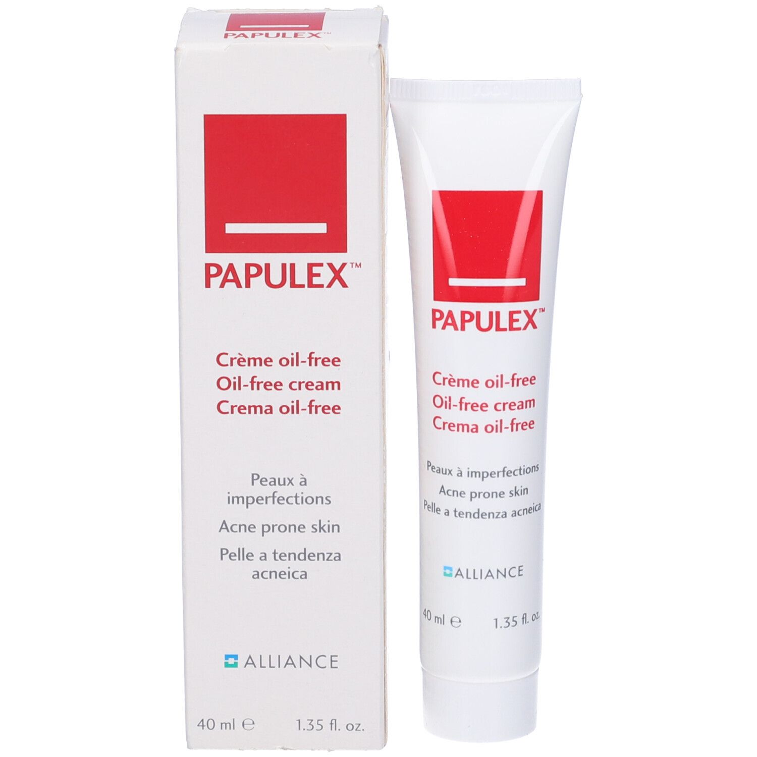 Papulex Crema oil-free, tubo e confezione. Accenti rossi, testo bianco. 40 ml, 1.35 fl. oz.
