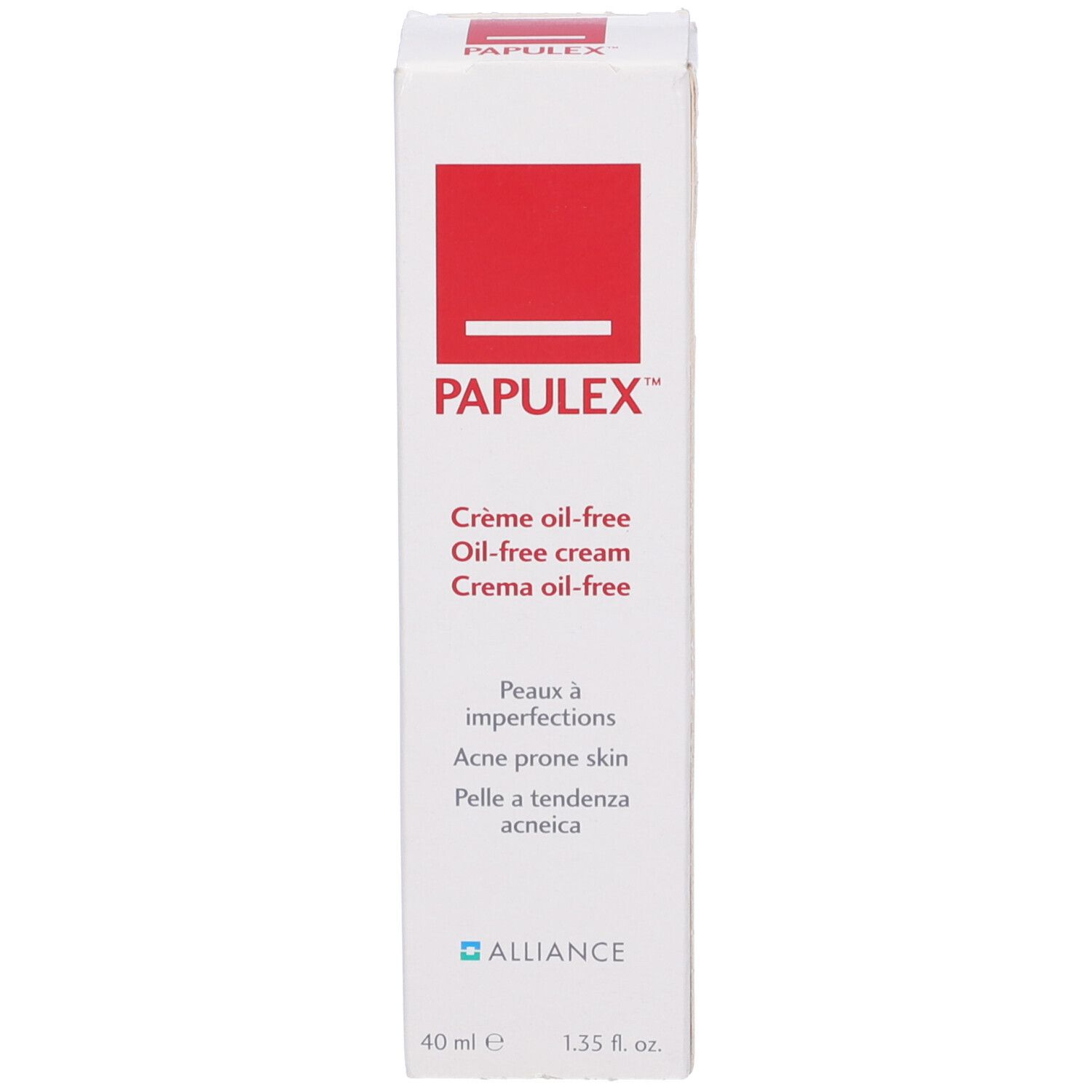 Papulex Crema oil-free confezione. Blocco rosso con testo bianco. 40 ml, 1.35 fl. oz.