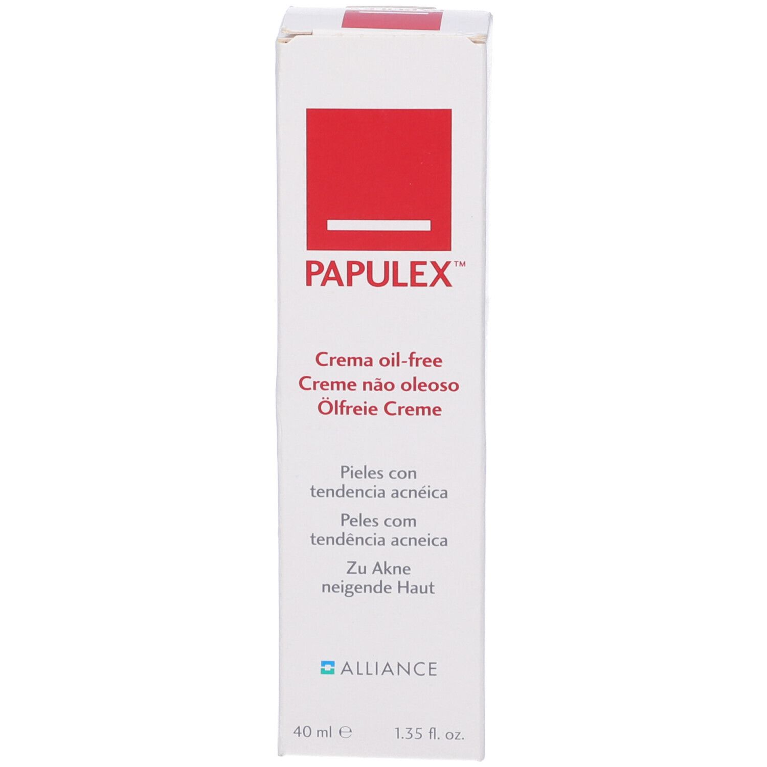 Papulex Crema oil-free confezione. Blocco rosso con testo bianco. 40 ml, 1.35 fl. oz.