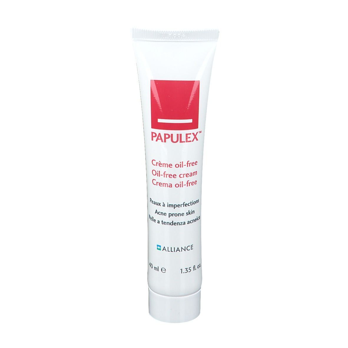 Papulex Crema oil-free, tubo. Blocco rosso con testo bianco. 40 ml, 1.35 fl. oz.