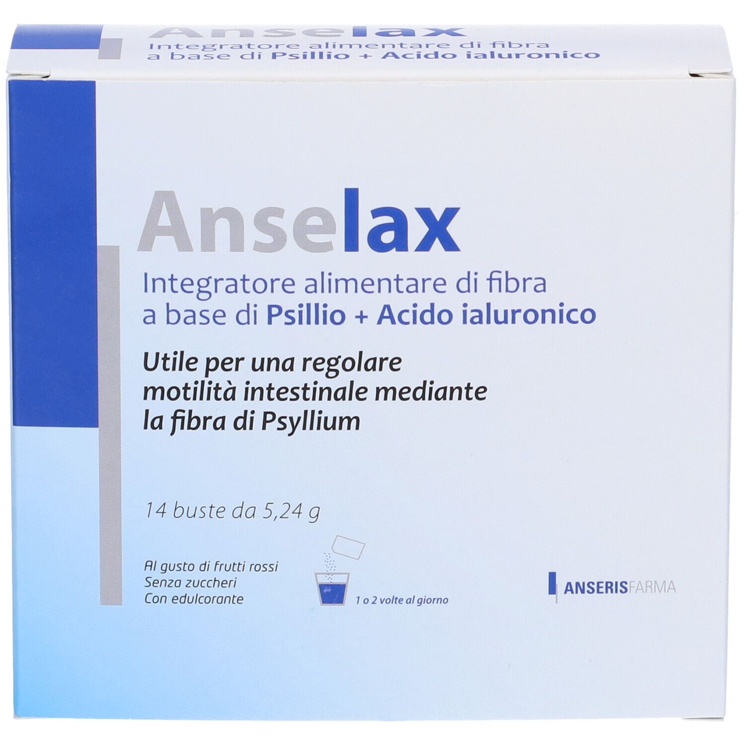 Scatola Anselax. Integratore alimentare di fibra. 14 bustine. Gusto frutti rossi. Senza zucchero. Logo e istruzioni.