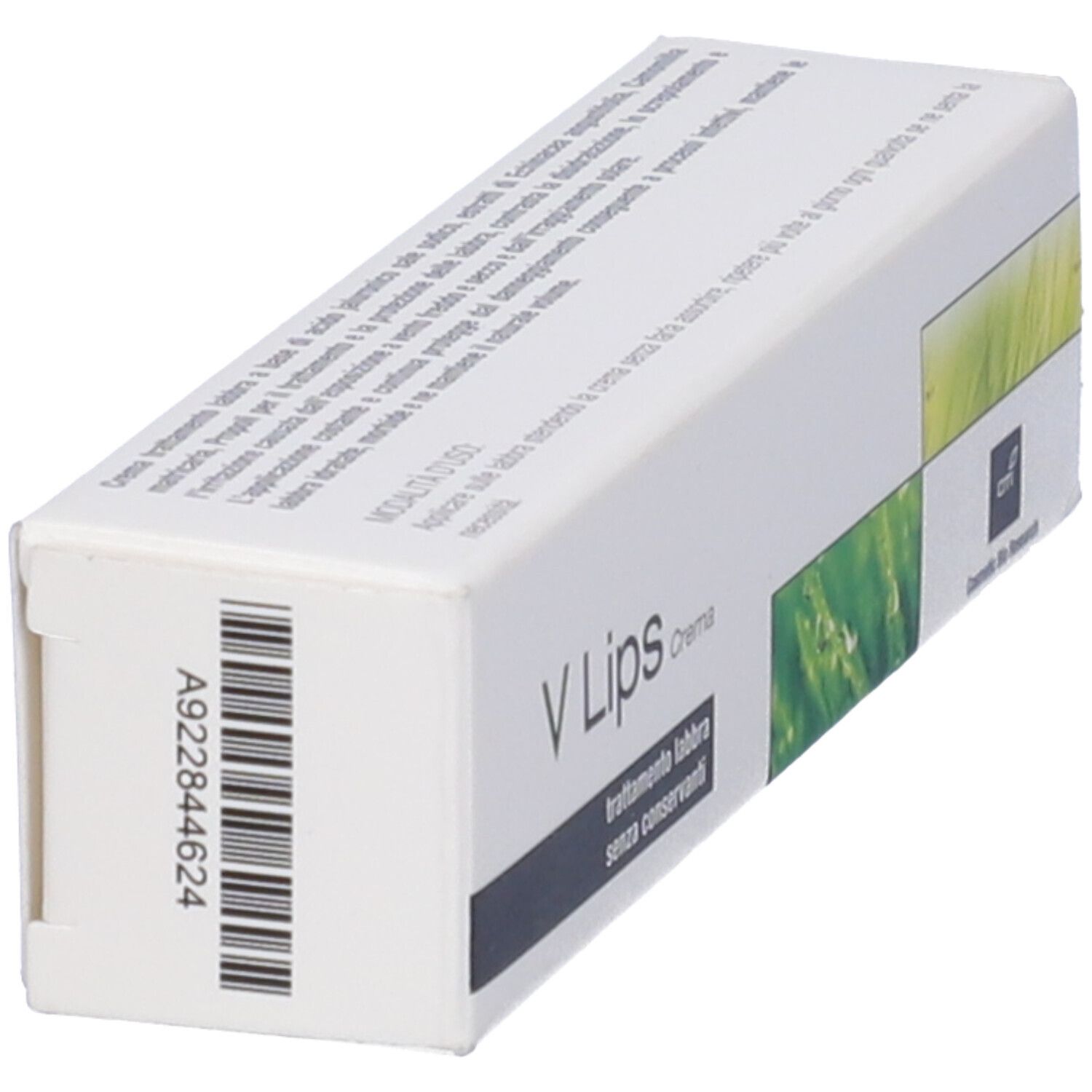 Scatola bianca, vista laterale con codice a barre e testo. Scritta: V Lips Crema, trattamento senza conservanti.