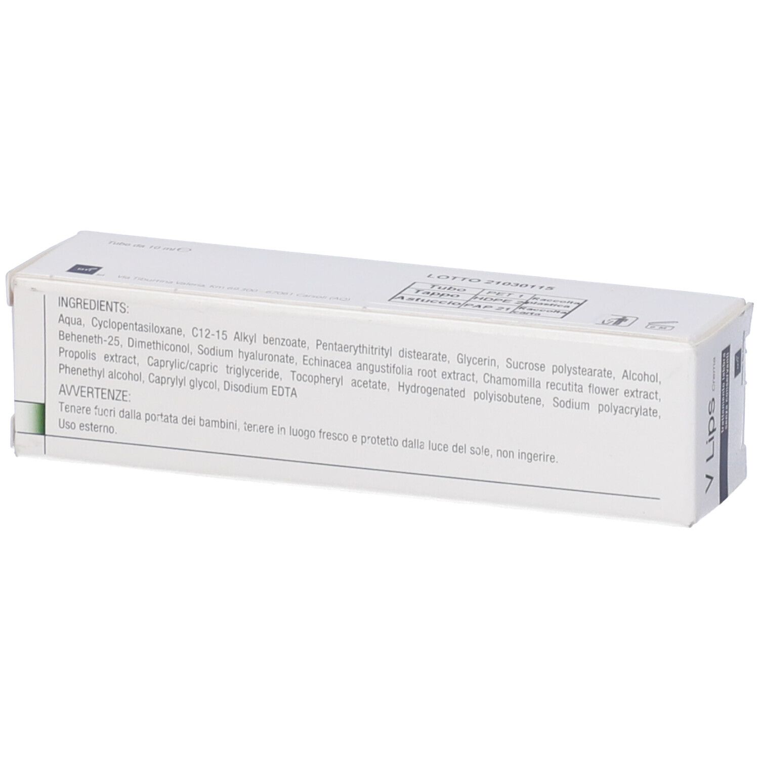 Scatola bianca con elenco ingredienti. Scritta: V Lips Crema. Testo in italiano.