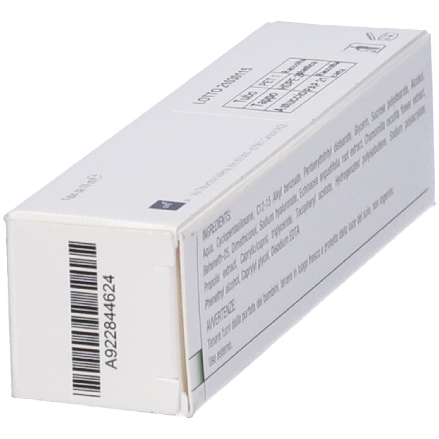 Scatola bianca, vista laterale con codice a barre e testo. Scritta: V Lips Crema. Testo in italiano.