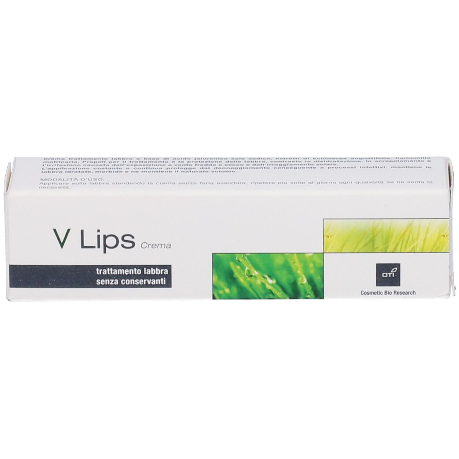 Scatola bianca con design erba verde. Scritta: V Lips Crema, trattamento senza conservanti.