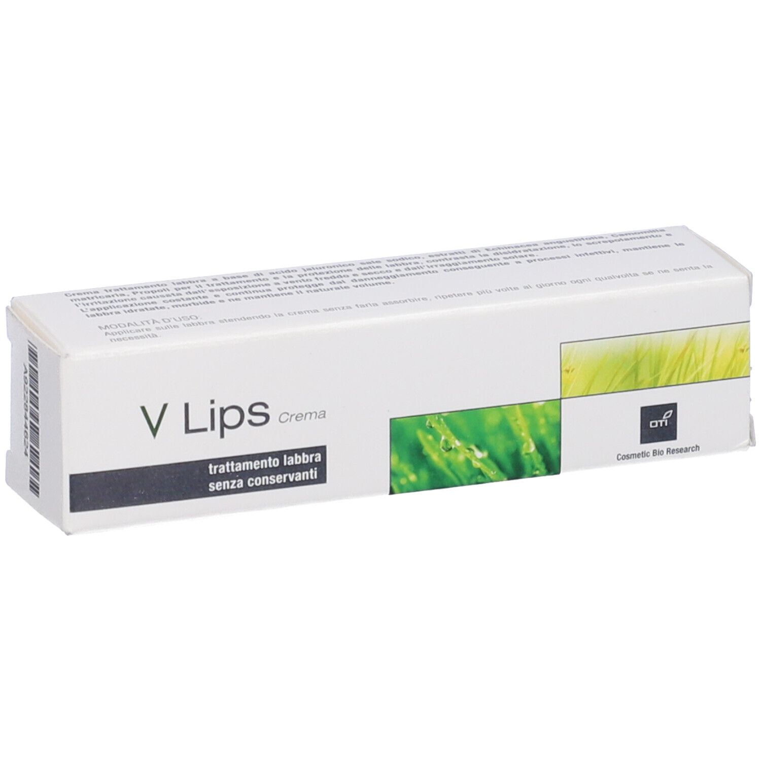 Scatola bianca con design erba verde. Scritta: V Lips Crema, trattamento senza conservanti.