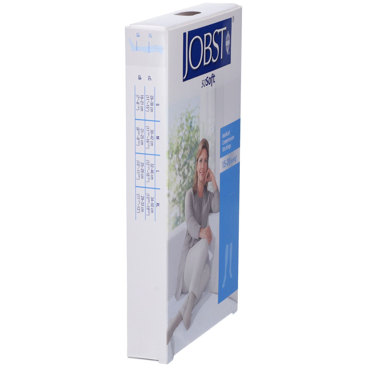 Vista laterale della confezione di calze JOBST Sosoft. Scritta: 15-20 mmHg.