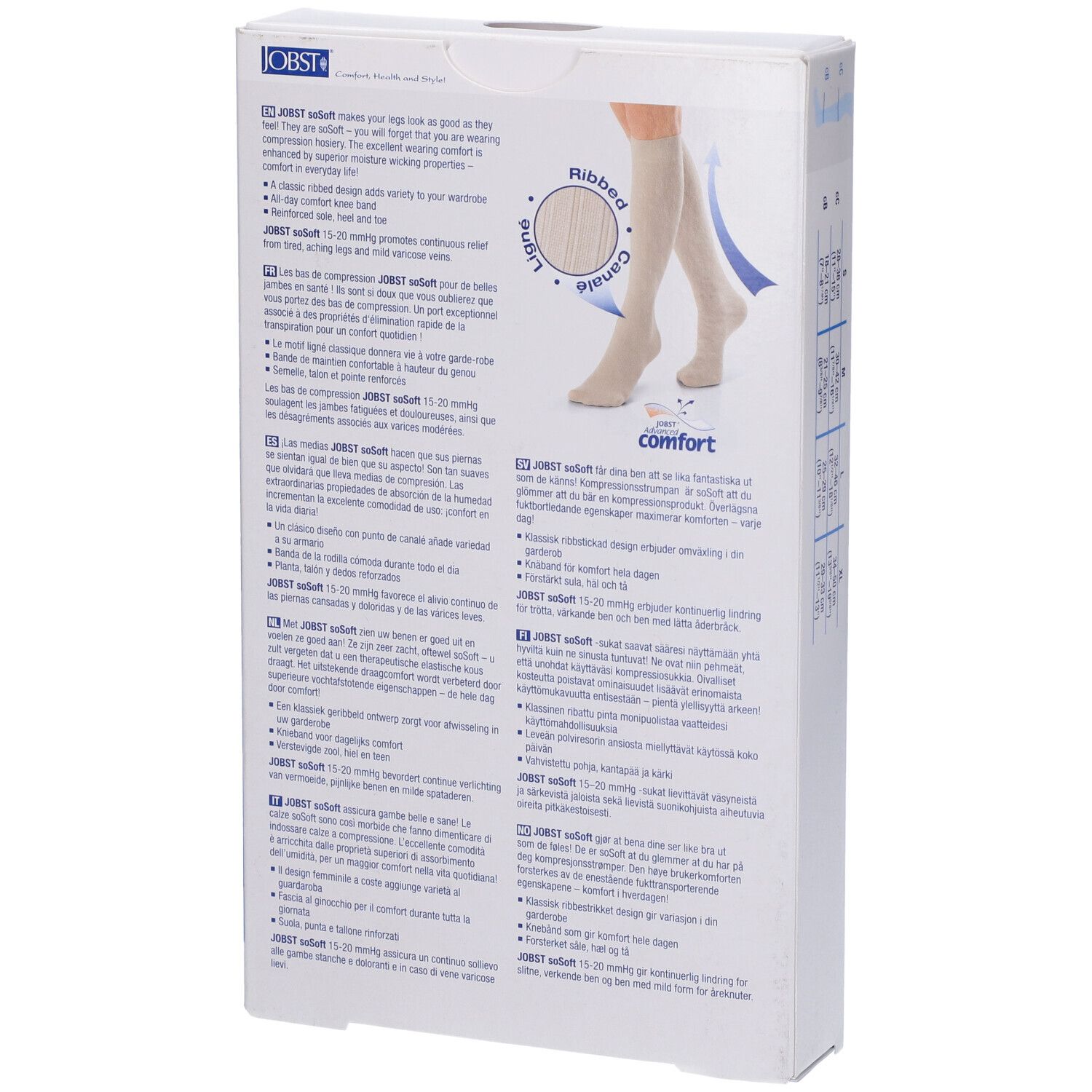 Retro della confezione di calze JOBST Sosoft. Testo multilingue. Illustrazione: gamba con calza.