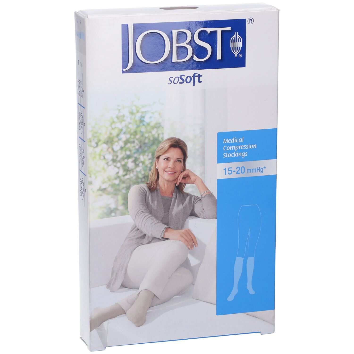 Confezione di calze compressive JOBST Sosoft. Scritta: 15-20 mmHg. Donna seduta su divano.