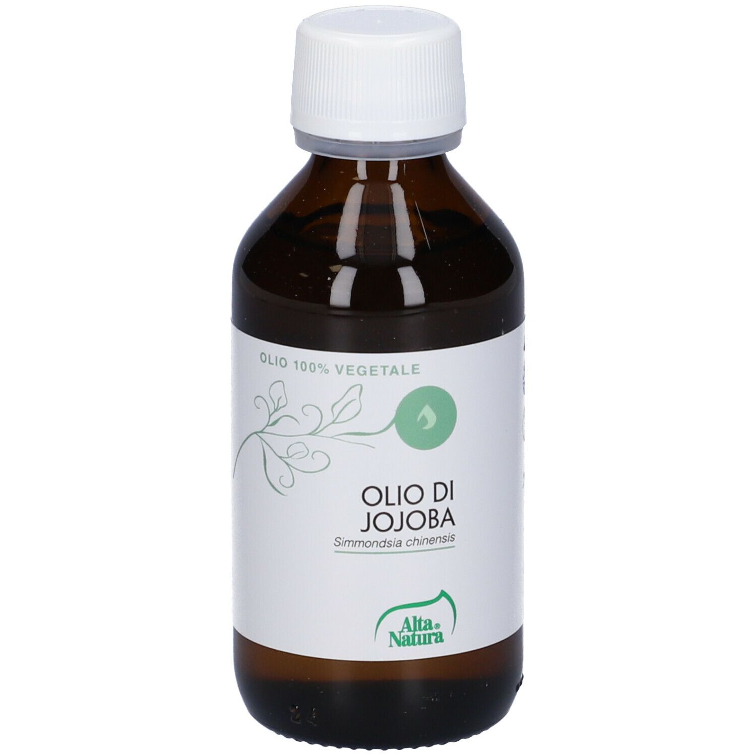 Flacone in vetro marrone con tappo bianco. Scritta: Olio di Jojoba, Alta Natura. Con tappo bianco.