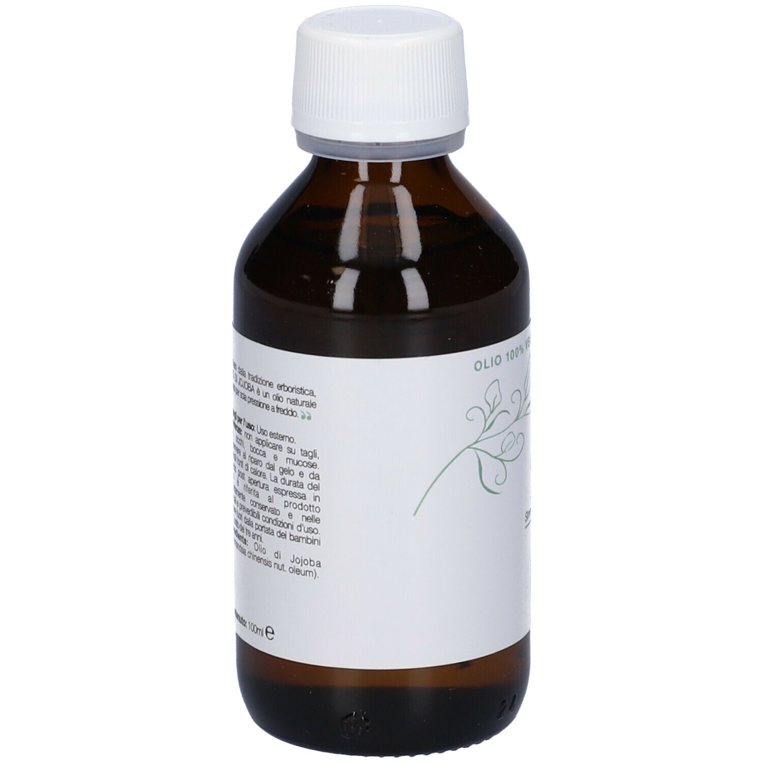 Flacone in vetro marrone con tappo bianco. Scritta: Olio di Jojoba. Retro con testo. Con tappo bianco.