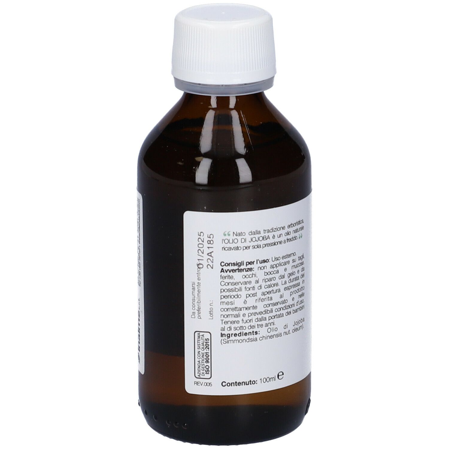 Flacone in vetro marrone con tappo bianco. Scritta: Olio di Jojoba. Retro con testo. Con tappo bianco.