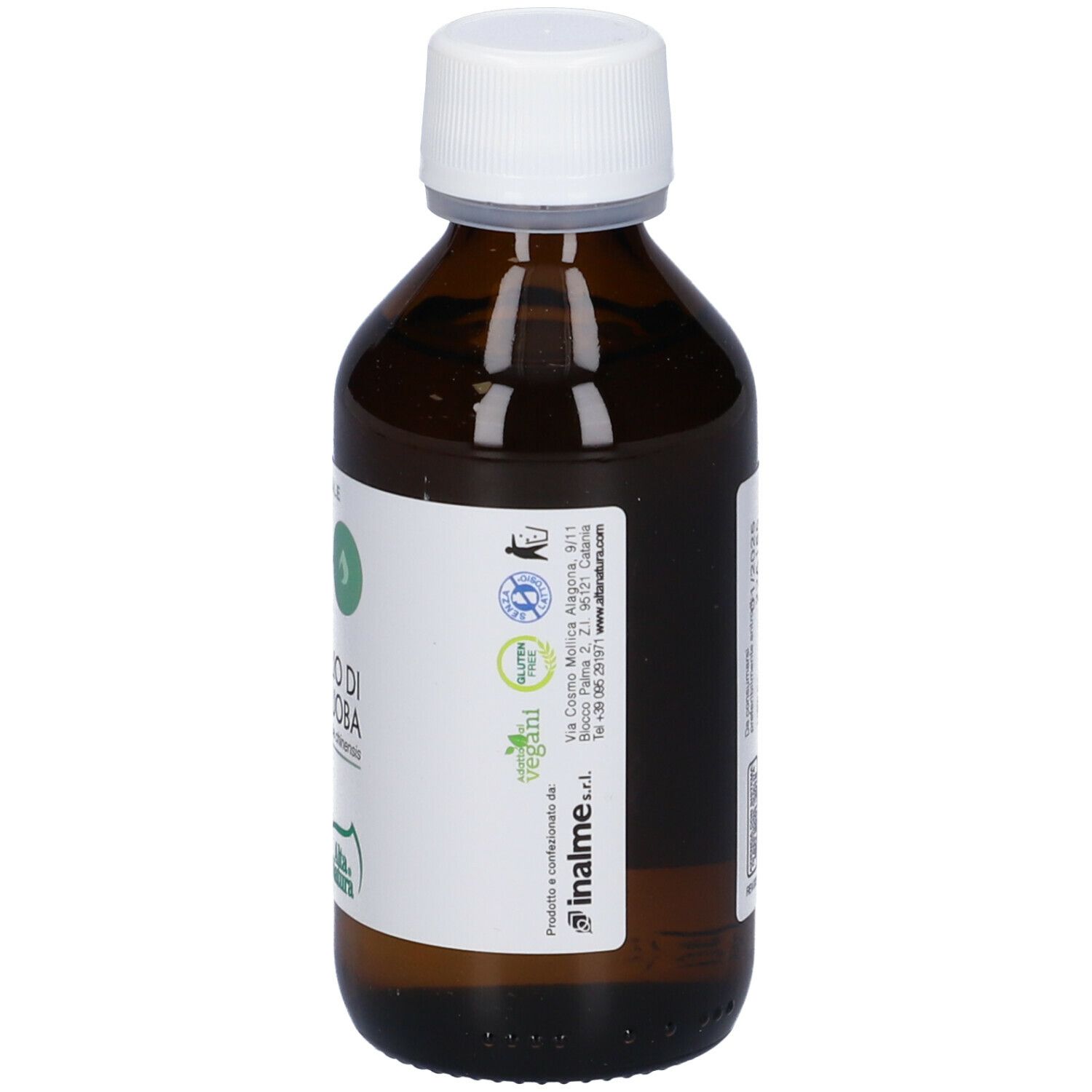 Flacone in vetro marrone con tappo bianco. Scritta: Olio di Jojoba. Retro con testo. Con tappo bianco.