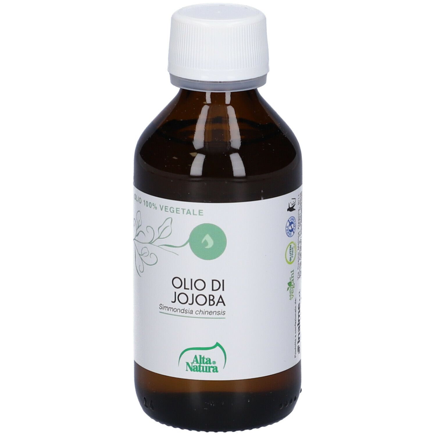 Flacone in vetro marrone con tappo bianco. Scritta: Olio di Jojoba. Retro con testo. Con tappo bianco.