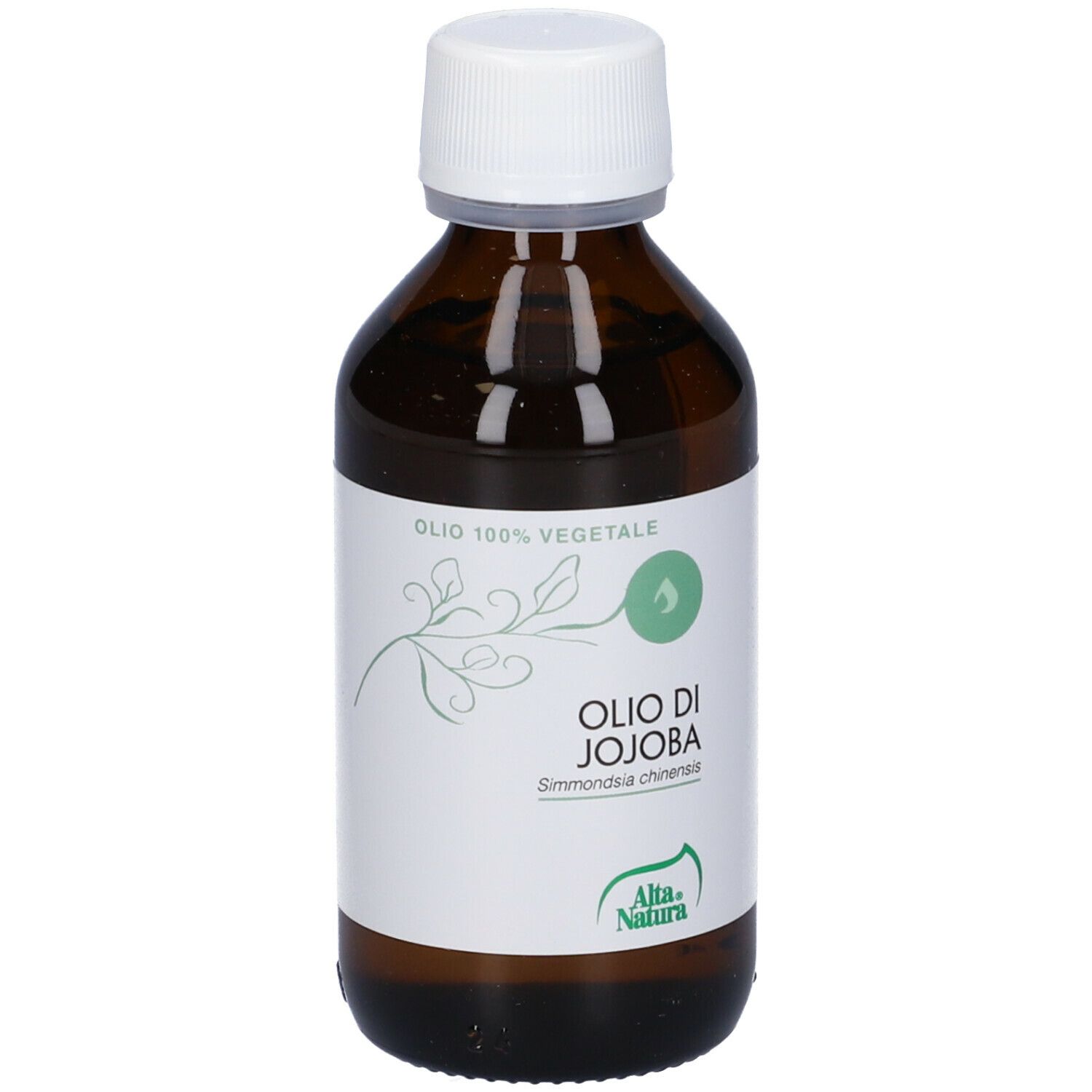 Flacone in vetro marrone con tappo bianco. Scritta: Olio di Jojoba. Con tappo bianco.